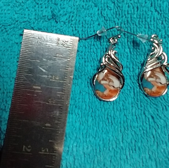 Elegant Silver and Orange blue white marble teardrop wire dangle Swirl E… - Picture 3 of 3